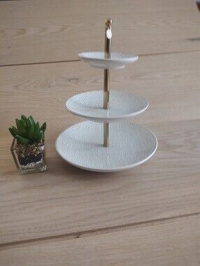 Three-Tier White Ceramic Serving Stand with Gold Handle